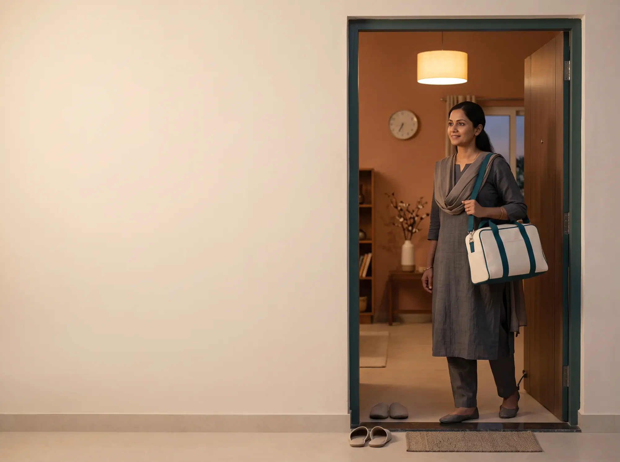 A Juno advisor stands in a lit doorway with her white kit bag, about to step into a warm evening-lit home.