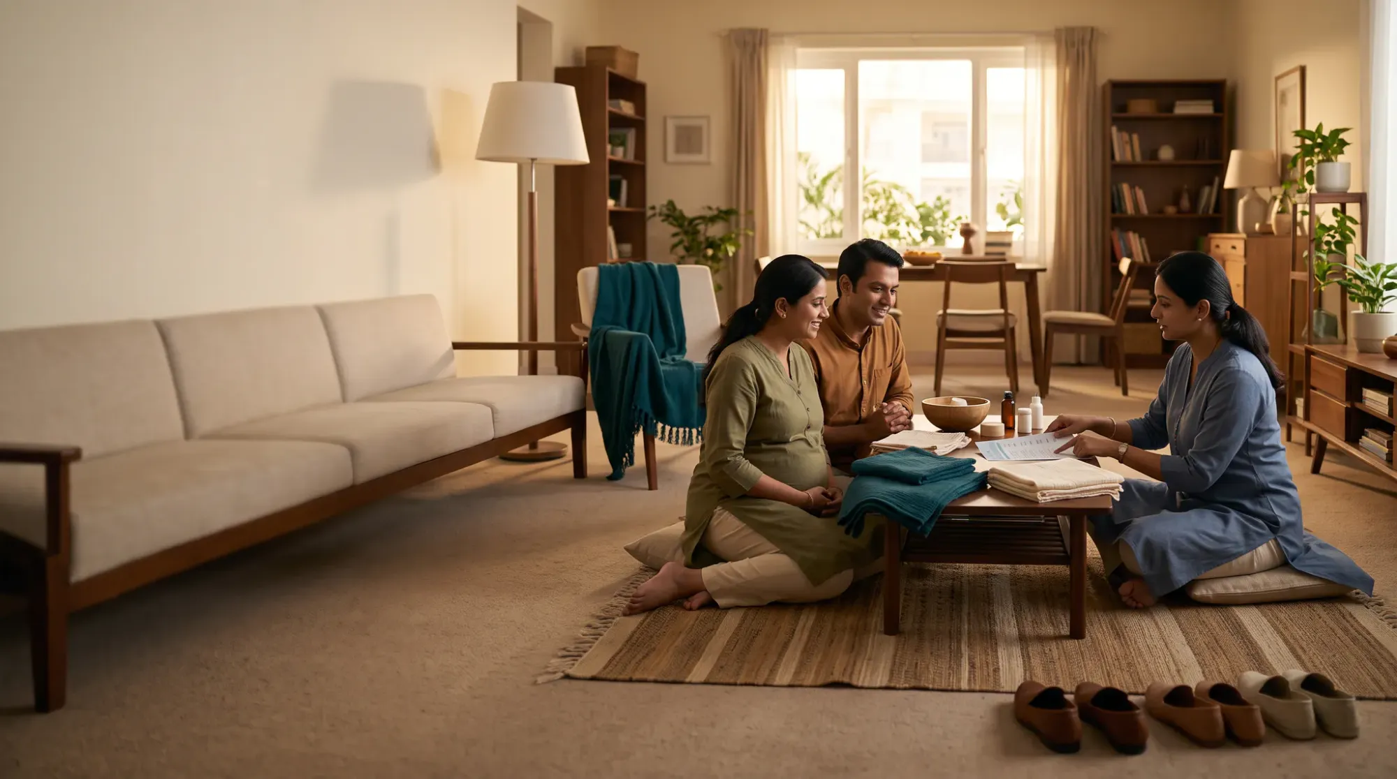 A Juno advisor sits with an expecting couple in their living room, walking through baby essentials laid out on the coffee table.