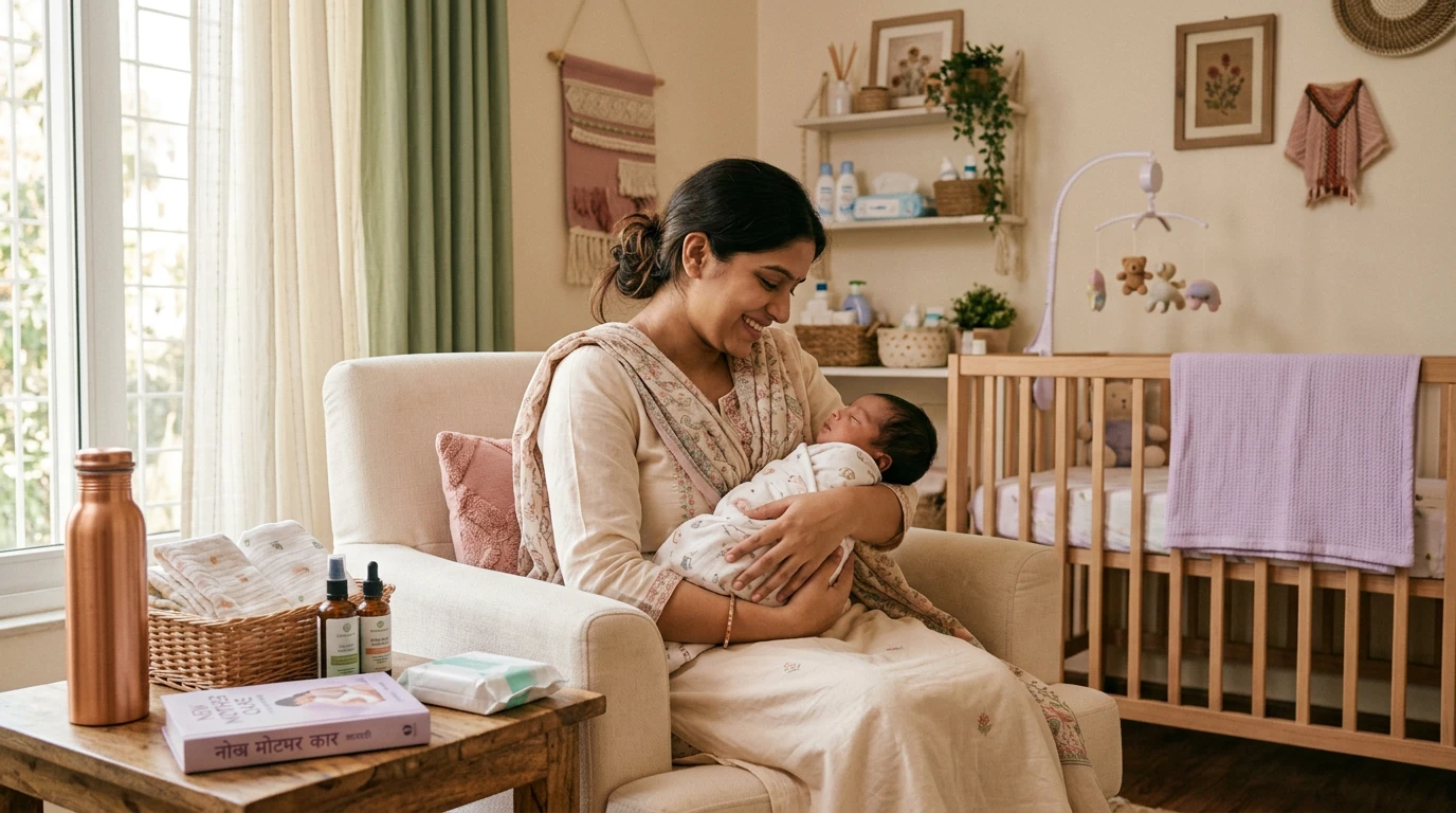 A mother holds her sleeping newborn in a nursery armchair, with postpartum essentials laid out on the side table.