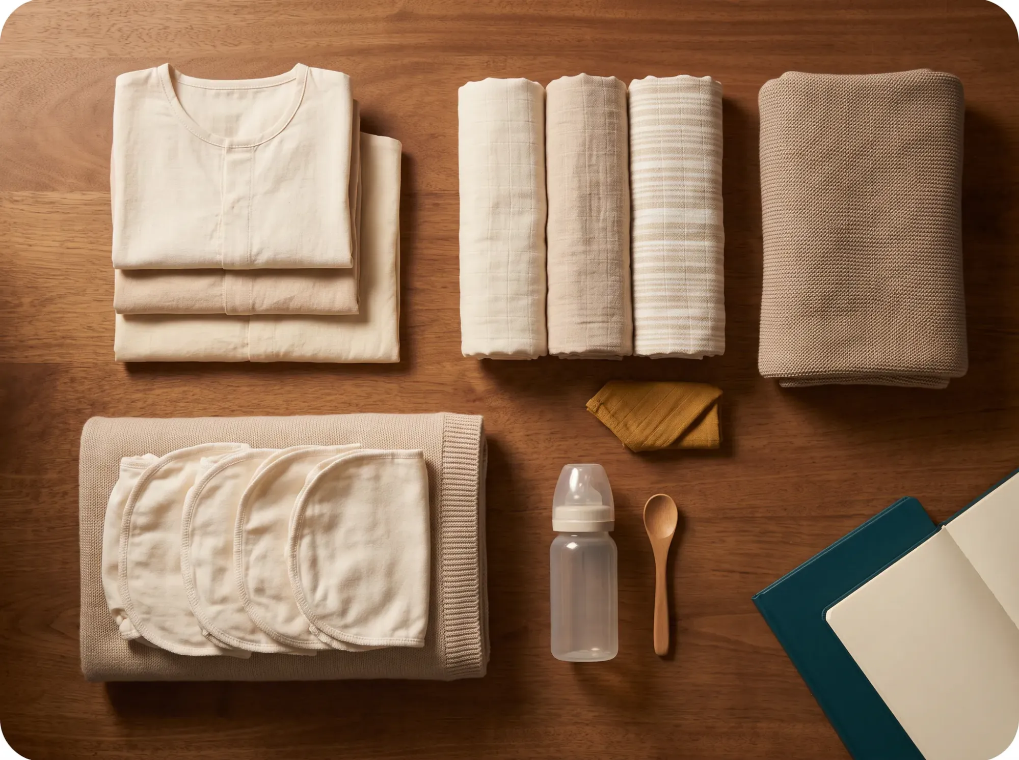 Folded jhablas, muslin swaddles, a knit blanket, burp cloths, a bottle, and a wooden spoon laid out on a wooden table.